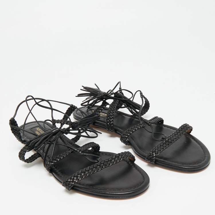 Pre Owned Aquazzura Black Braided Leather Stromboli Gladiator Flat Sandals Size 38.5