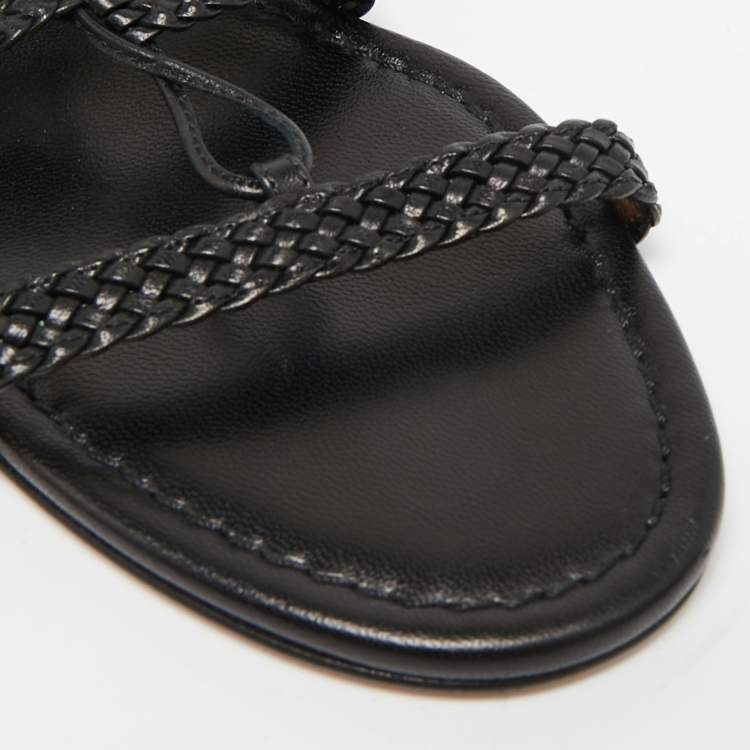 Pre Owned Aquazzura Black Braided Leather Stromboli Gladiator Flat Sandals Size 38.5