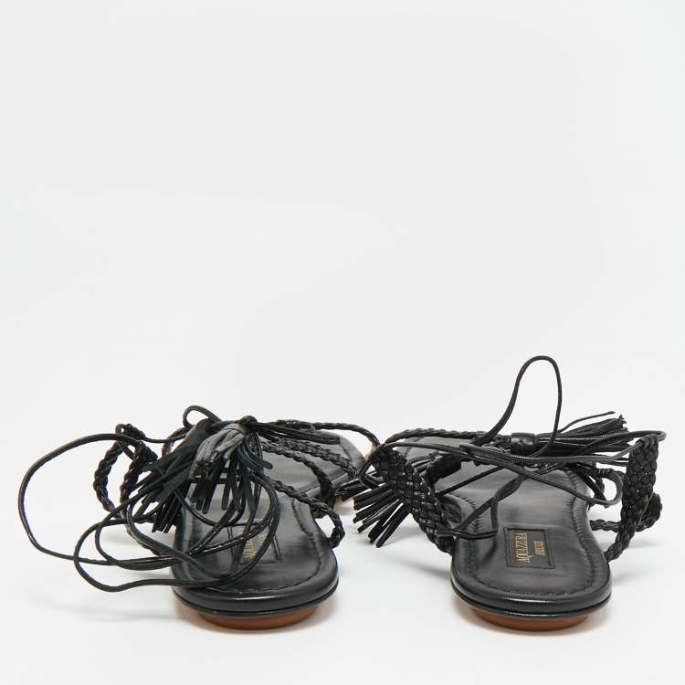 Pre Owned Aquazzura Black Braided Leather Stromboli Gladiator Flat Sandals Size 38.5