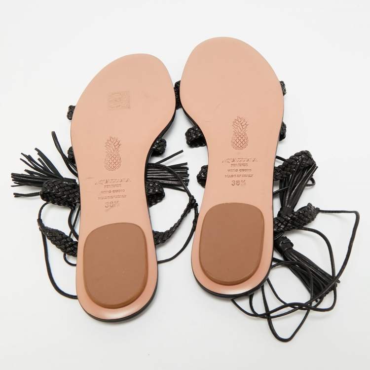 Pre Owned Aquazzura Black Braided Leather Stromboli Gladiator Flat Sandals Size 38.5
