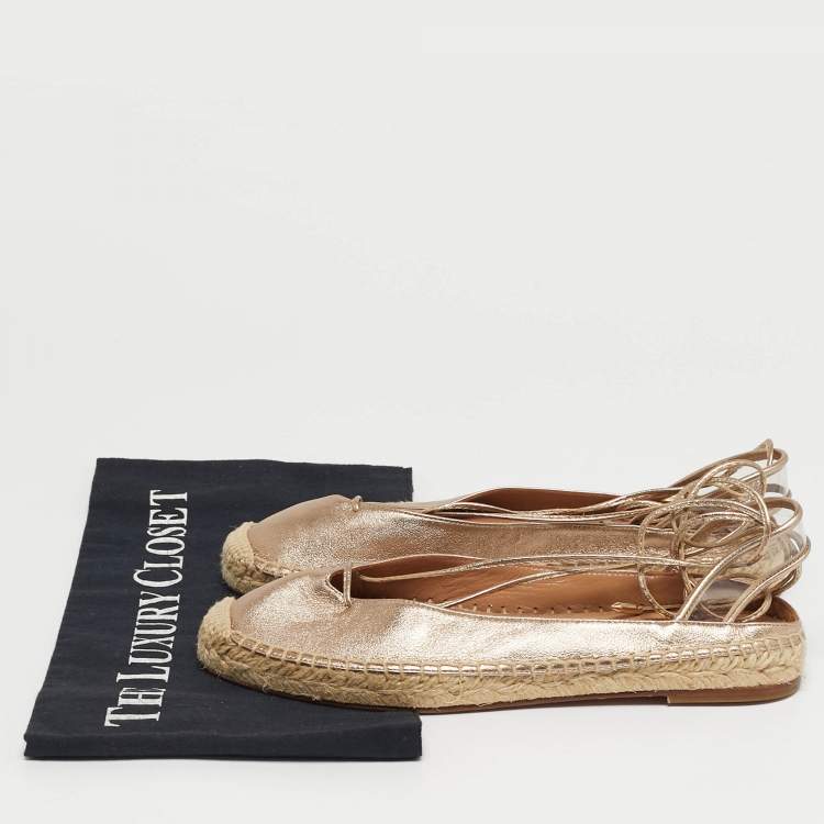 Pre Owned Aquazzura Gold Leather and PVC  Ankle Wrap Espadrille Flat Size 35.5