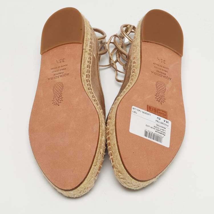 Pre Owned Aquazzura Gold Leather and PVC  Ankle Wrap Espadrille Flat Size 35.5