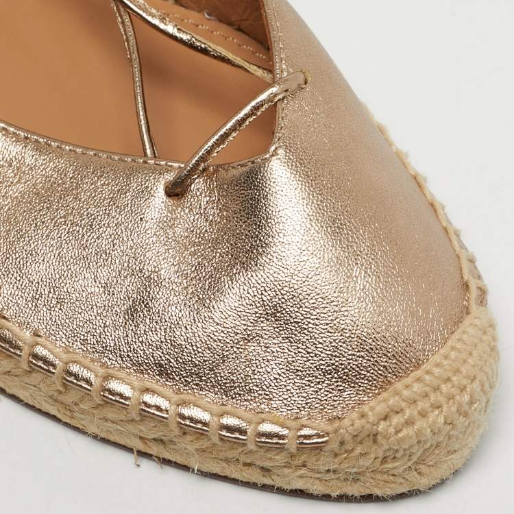 Pre Owned Aquazzura Gold Leather and PVC  Ankle Wrap Espadrille Flat Size 35.5