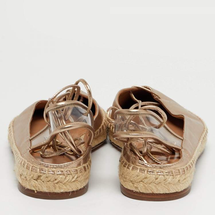 Pre Owned Aquazzura Gold Leather and PVC  Ankle Wrap Espadrille Flat Size 35.5