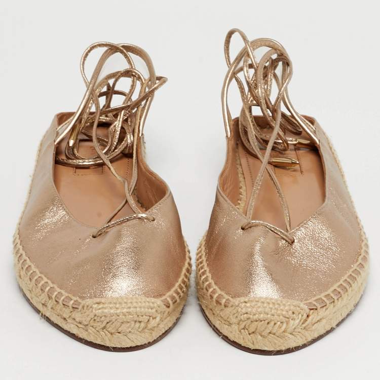 Pre Owned Aquazzura Gold Leather and PVC  Ankle Wrap Espadrille Flat Size 35.5