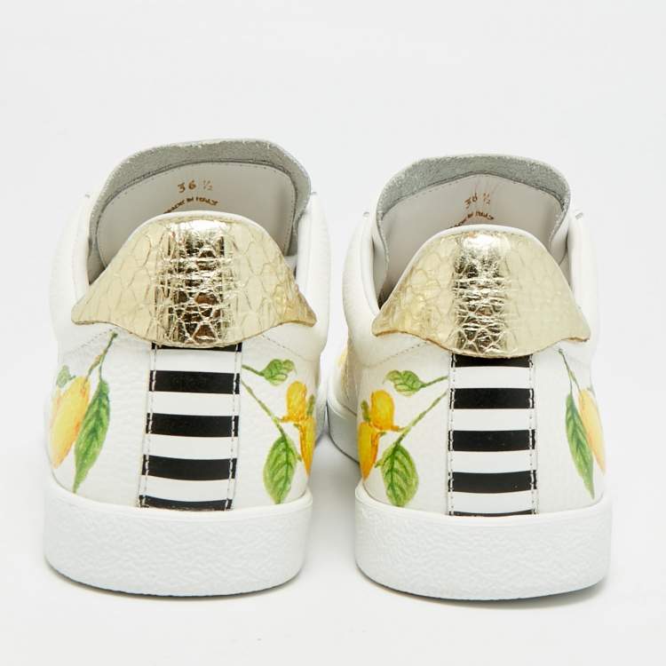 Pre Owned Aquazzura White/Gold Leather and Snakeskin Embossed A Lemon-print Lace Up Sneakers Size 36.5 