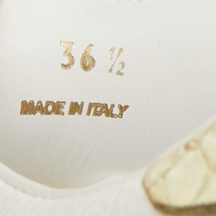 Pre Owned Aquazzura White/Gold Leather and Snakeskin Embossed A Lemon-print Lace Up Sneakers Size 36.5 