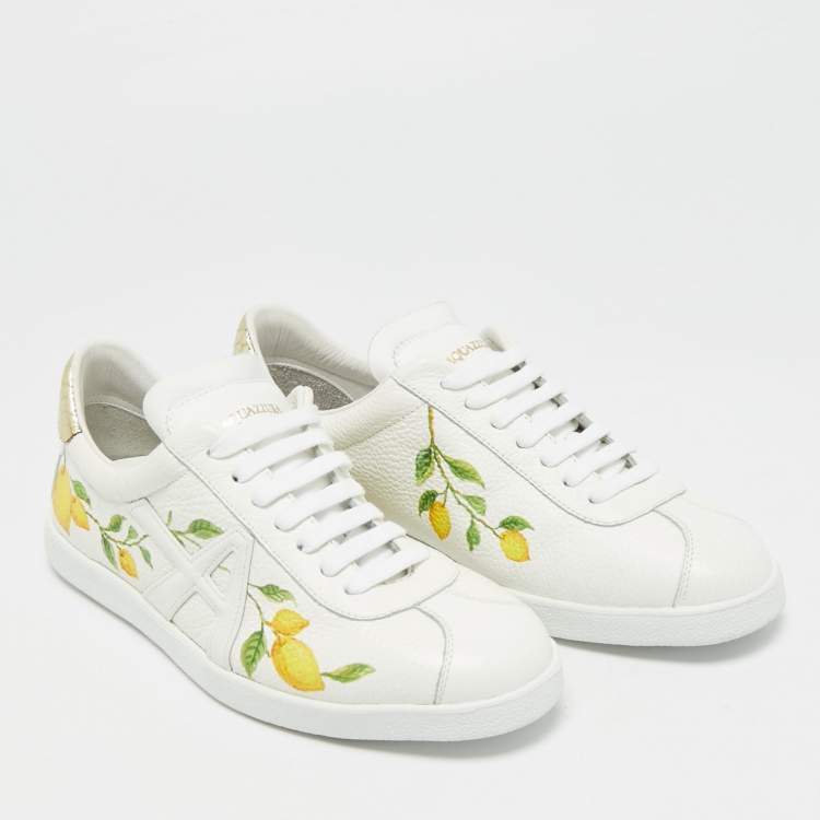 Pre Owned Aquazzura White/Gold Leather and Snakeskin Embossed A Lemon-print Lace Up Sneakers Size 36.5 
