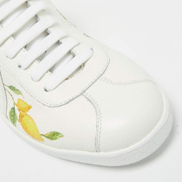 Pre Owned Aquazzura White/Gold Leather and Snakeskin Embossed A Lemon-print Lace Up Sneakers Size 36.5 