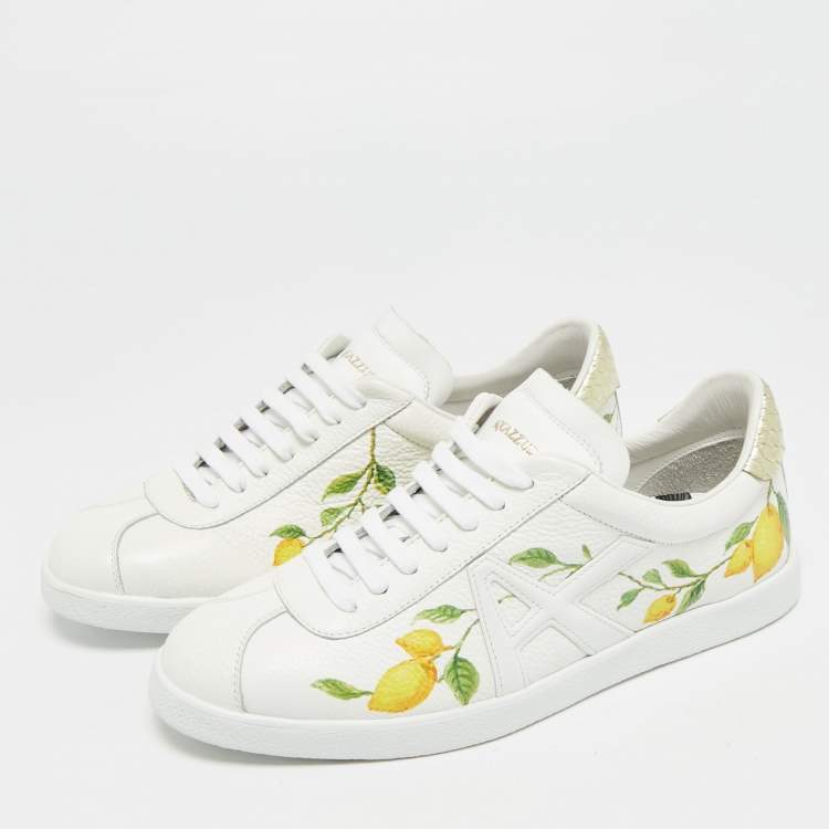 Pre Owned Aquazzura White/Gold Leather and Snakeskin Embossed A Lemon-print Lace Up Sneakers Size 36.5 