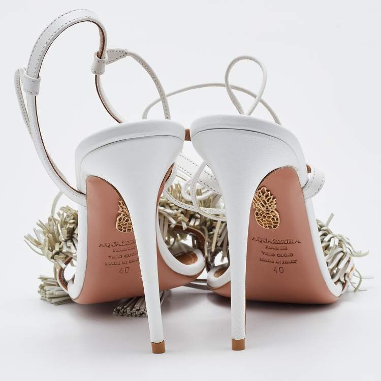 مملوكة مسبقًا Aquazzura Wid Thing Size 40 White Leather Ankle Strap Sandals