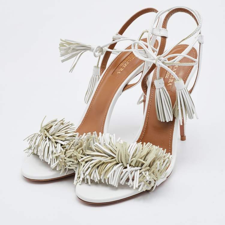 مملوكة مسبقًا Aquazzura Wid Thing Size 40 White Leather Ankle Strap Sandals