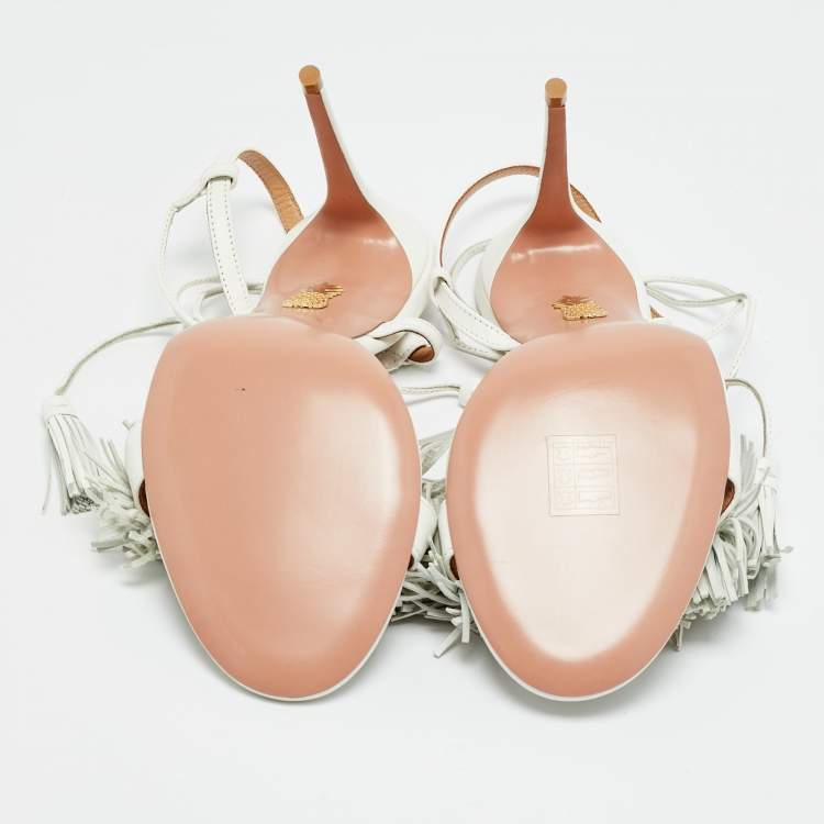 مملوكة مسبقًا Aquazzura Wid Thing Size 40 White Leather Ankle Strap Sandals