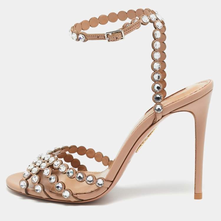 Pre Owned Aquazzura Tequila Size 38 Beige Leather Ankle Strap Sandals