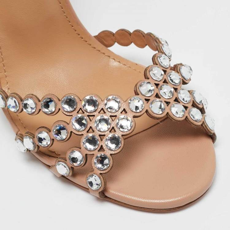 Pre Owned Aquazzura Tequila Size 38 Beige Leather Ankle Strap Sandals