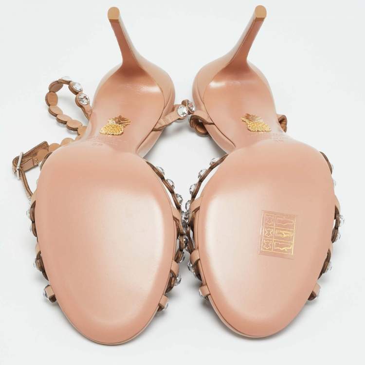 Pre Owned Aquazzura Tequila Size 38 Beige Leather Ankle Strap Sandals