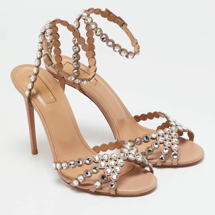 Pre Owned Aquazzura Tequila Size 38 Beige Leather Ankle Strap Sandals