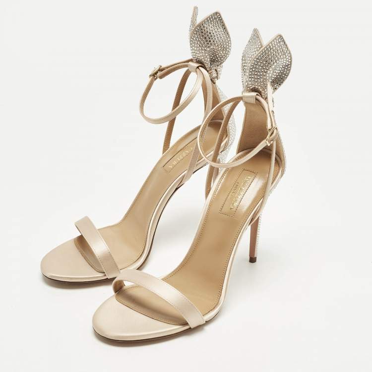 Pre Owned Aquazzura Bow Tie Size 37 Powder Pink/Silver  Satin Crystal Embellished Ankle Strap Sandals