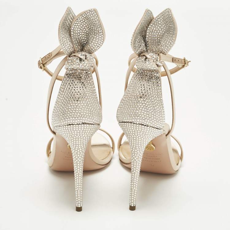 Pre Owned Aquazzura Bow Tie Size 37 Powder Pink/Silver  Satin Crystal Embellished Ankle Strap Sandals