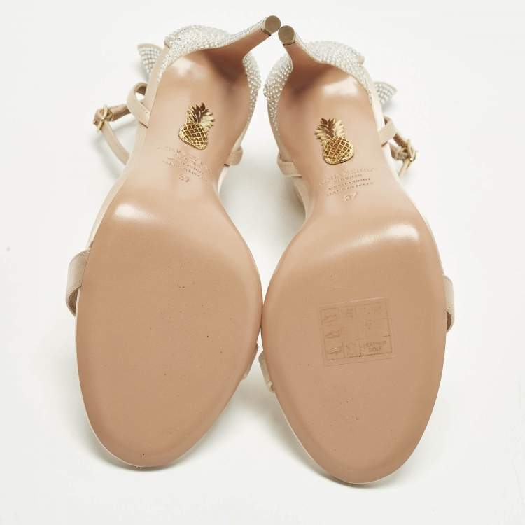 Pre Owned Aquazzura Bow Tie Size 37 Powder Pink/Silver  Satin Crystal Embellished Ankle Strap Sandals
