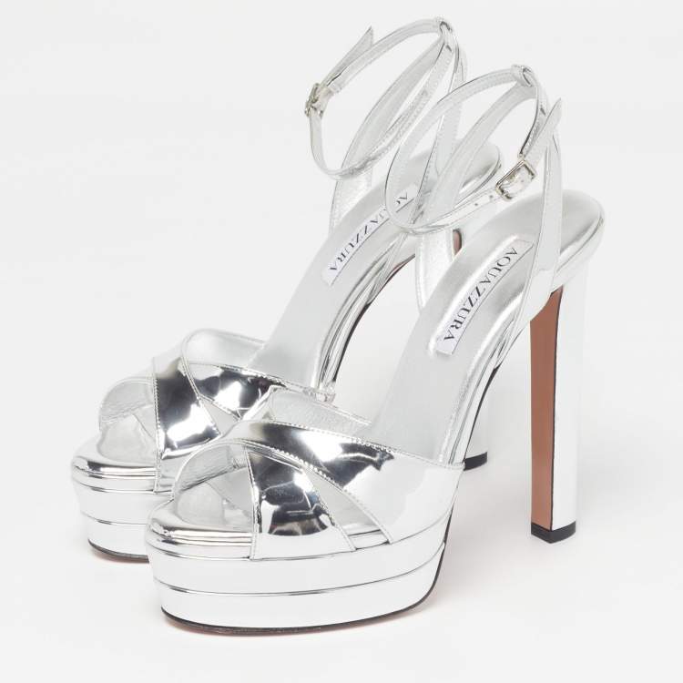 Pre Owned Aquazzura Divine Plateau Size 38 Silver Patent Leather Platform Ankle Strap Sandals