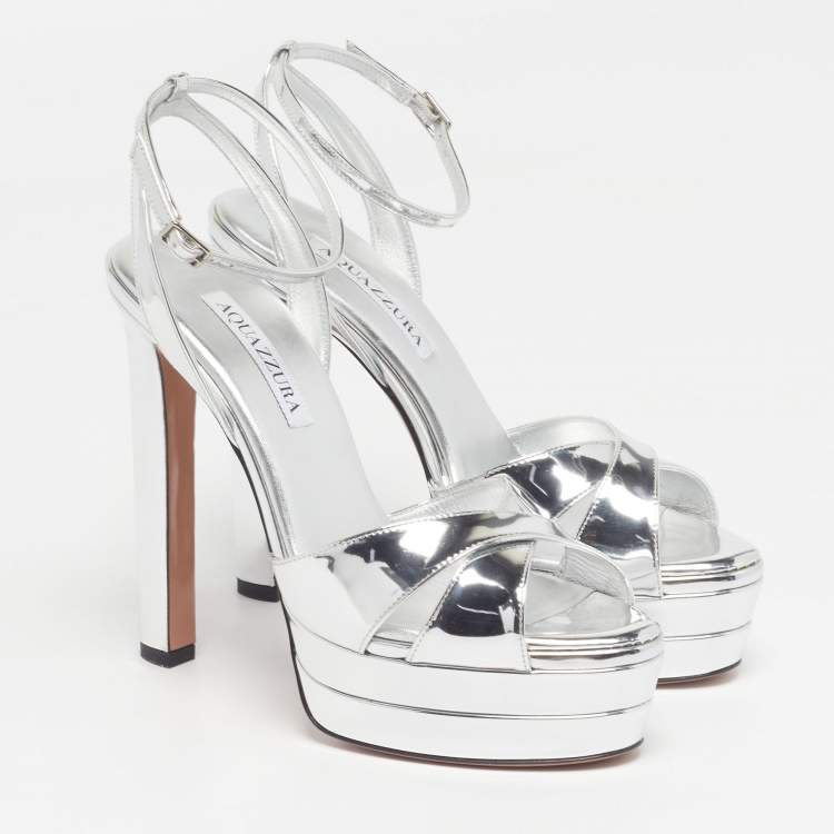 Pre Owned Aquazzura Divine Plateau Size 38 Silver Patent Leather Platform Ankle Strap Sandals