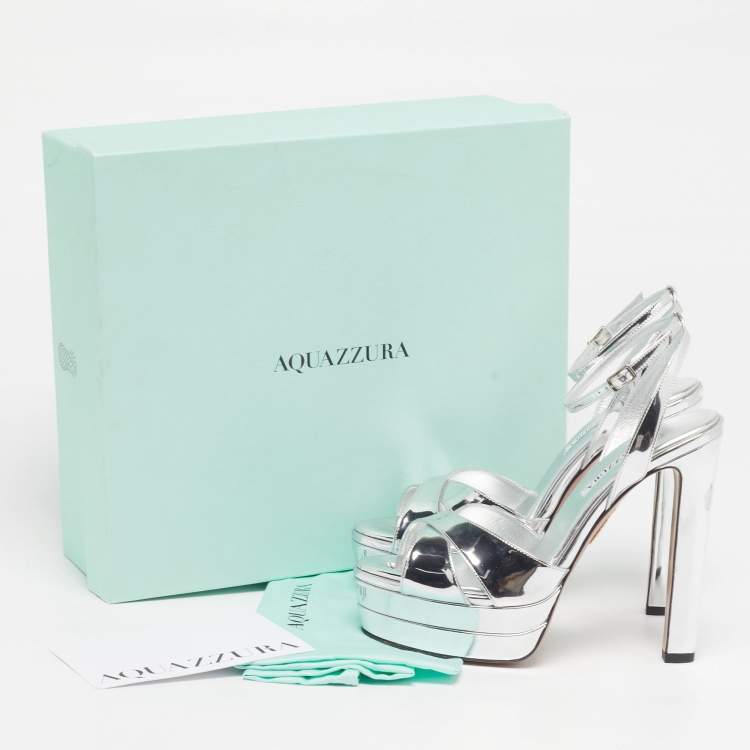 Pre Owned Aquazzura Divine Plateau Size 38 Silver Patent Leather Platform Ankle Strap Sandals