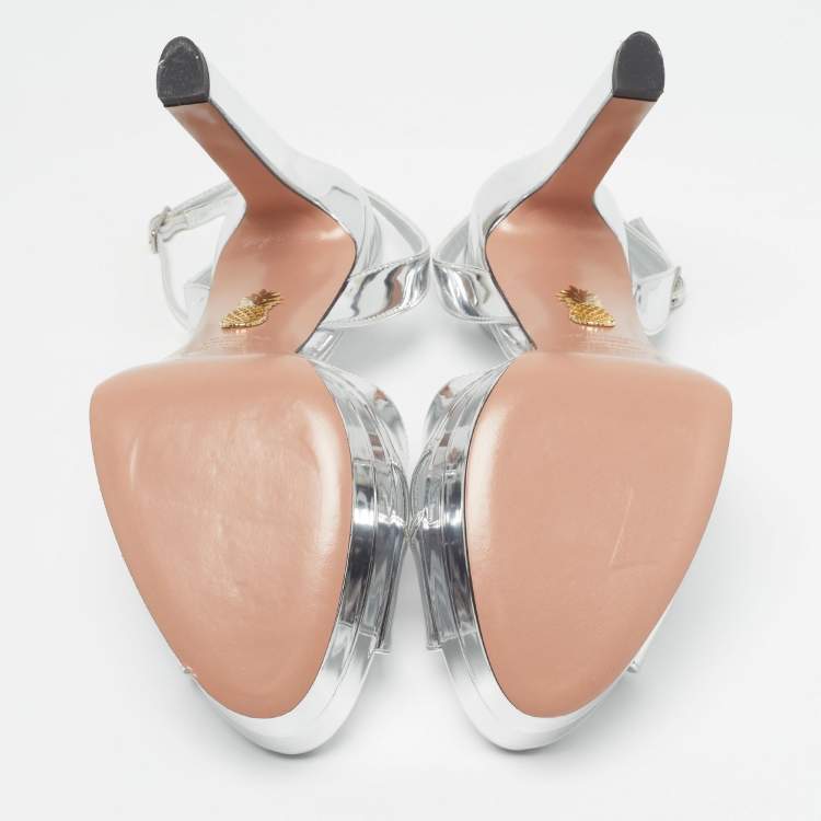 Pre Owned Aquazzura Divine Plateau Size 38 Silver Patent Leather Platform Ankle Strap Sandals