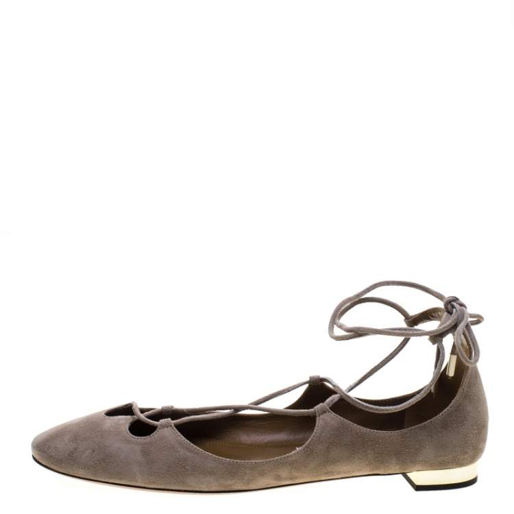 مملوكة مسبقًا Aquazzura Beige Suede Dancer Lace Up Ballet Flats Size 40