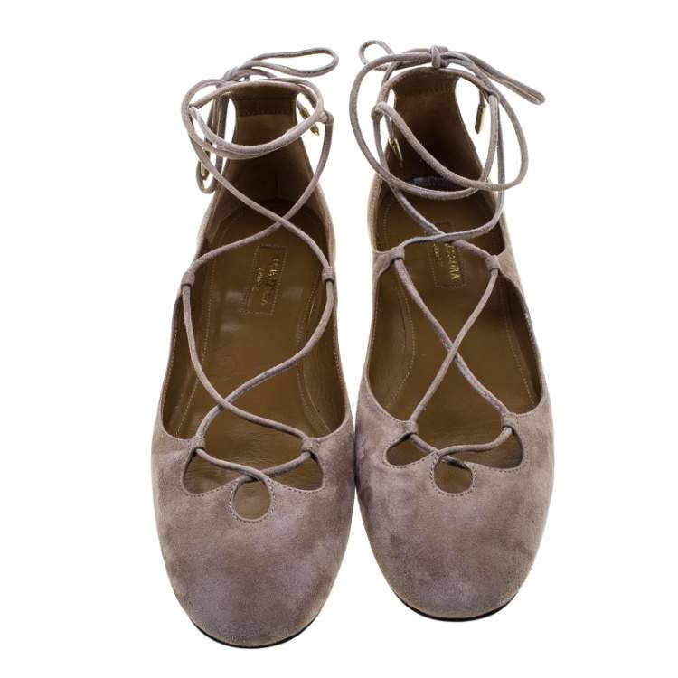 مملوكة مسبقًا Aquazzura Beige Suede Dancer Lace Up Ballet Flats Size 40