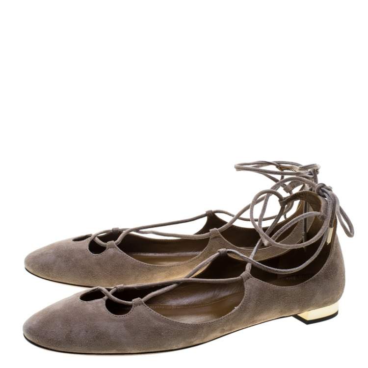 مملوكة مسبقًا Aquazzura Beige Suede Dancer Lace Up Ballet Flats Size 40
