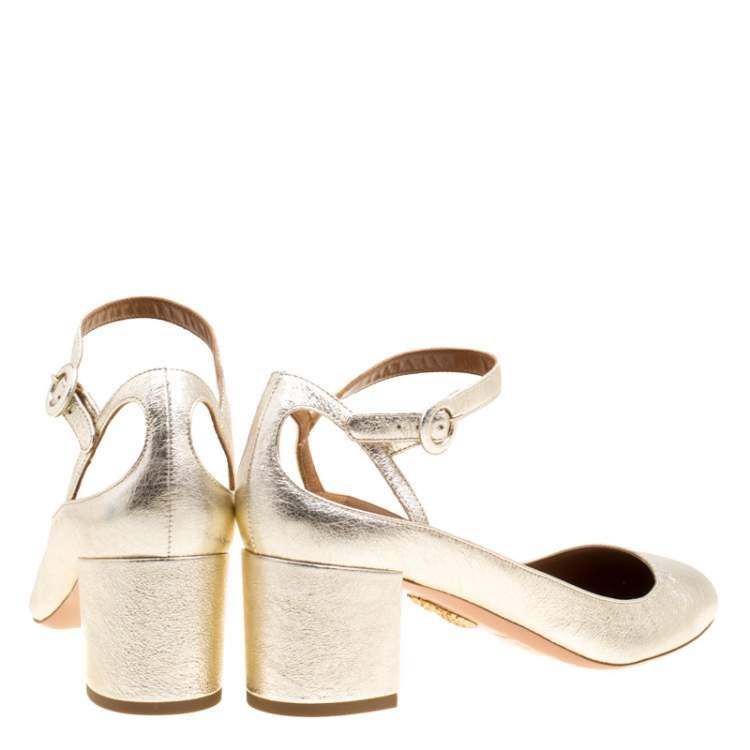 Pre Owned Aquazzura Metallic Gold Laminated Leather Sweet Thing Block Heel Ankle Strap Pumps Size 40