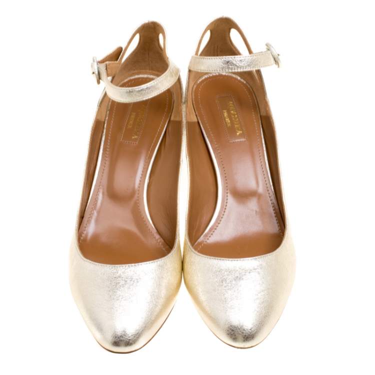 Pre Owned Aquazzura Metallic Gold Laminated Leather Sweet Thing Block Heel Ankle Strap Pumps Size 40