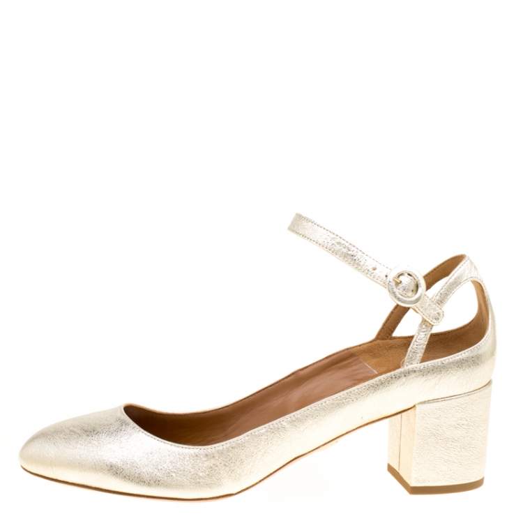 Pre Owned Aquazzura Metallic Gold Laminated Leather Sweet Thing Block Heel Ankle Strap Pumps Size 40