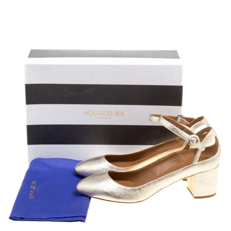 Pre Owned Aquazzura Metallic Gold Laminated Leather Sweet Thing Block Heel Ankle Strap Pumps Size 40