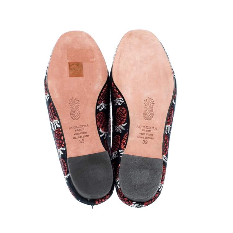 Pre Owned Aquazzura Blue And Red Pineapple Jacquard Brando Flat Mules Size 39