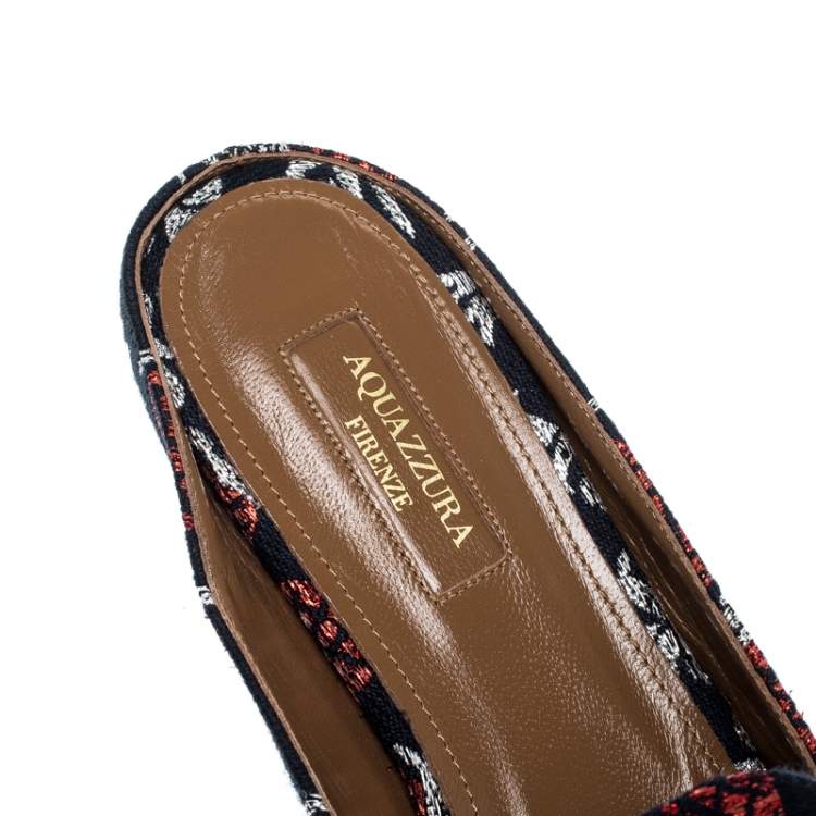 Pre Owned Aquazzura Blue And Red Pineapple Jacquard Brando Flat Mules Size 39