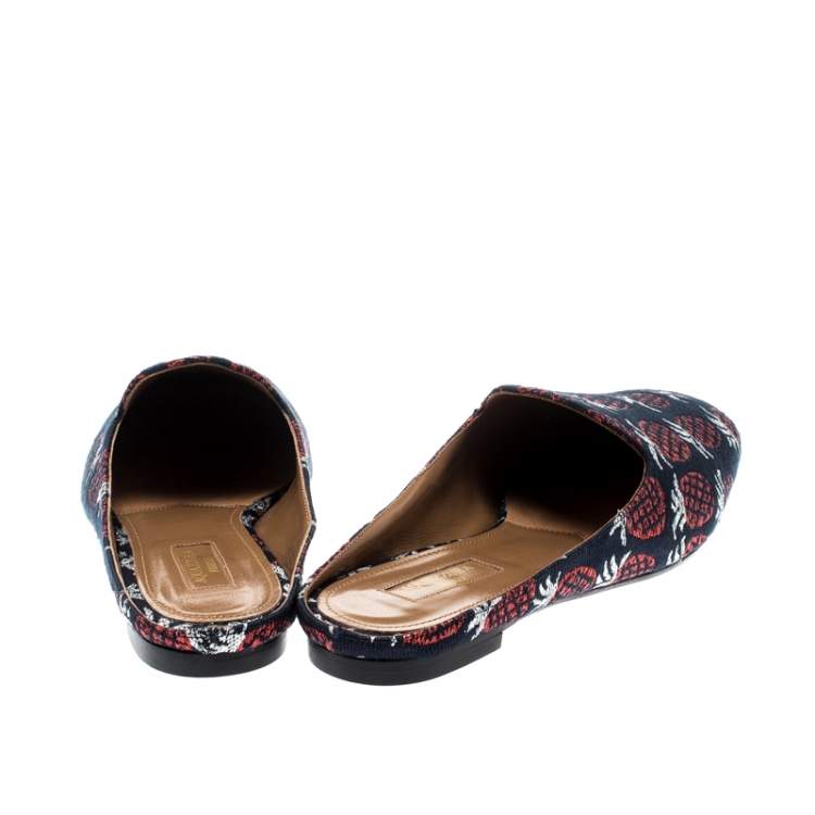 Pre Owned Aquazzura Blue And Red Pineapple Jacquard Brando Flat Mules Size 39