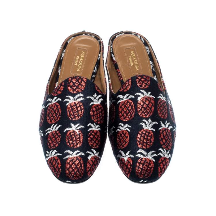 Pre Owned Aquazzura Blue And Red Pineapple Jacquard Brando Flat Mules Size 39