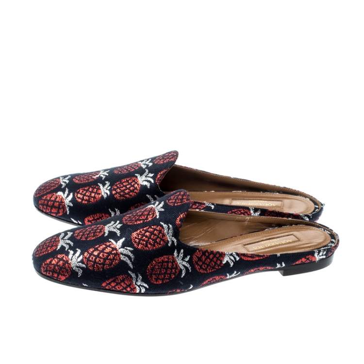 Pre Owned Aquazzura Blue And Red Pineapple Jacquard Brando Flat Mules Size 39