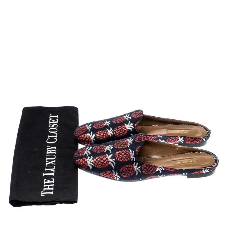 Pre Owned Aquazzura Blue And Red Pineapple Jacquard Brando Flat Mules Size 39