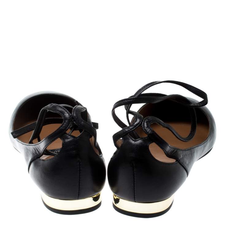 مملوكة مسبقًا Aquazzura Black Leather Heart Breaker Ballet Tie Up Ballet Flat Size 42