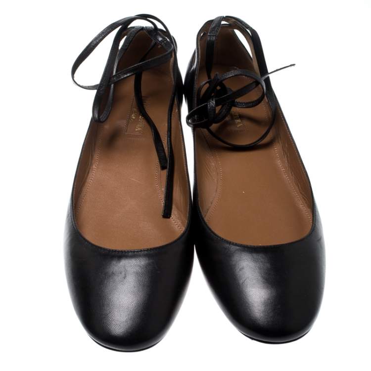 مملوكة مسبقًا Aquazzura Black Leather Heart Breaker Ballet Tie Up Ballet Flat Size 42
