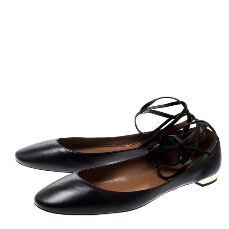 مملوكة مسبقًا Aquazzura Black Leather Heart Breaker Ballet Tie Up Ballet Flat Size 42