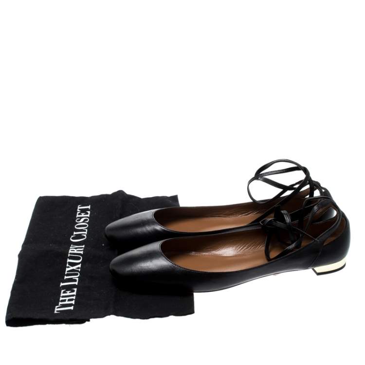 مملوكة مسبقًا Aquazzura Black Leather Heart Breaker Ballet Tie Up Ballet Flat Size 42