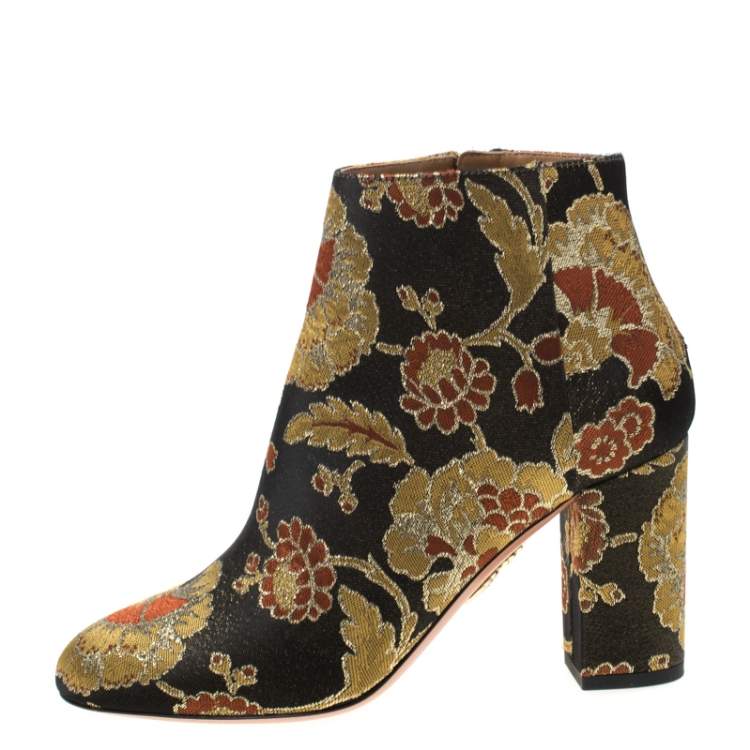 Pre Owned Aquazzura Multicolor Floral Jacquard Fabric Ankle Boots Size 38