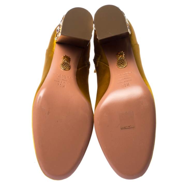 Pre Owned Aquazzura Yellow Satin Party Embellished Heel Ankle Booties Size 39.5