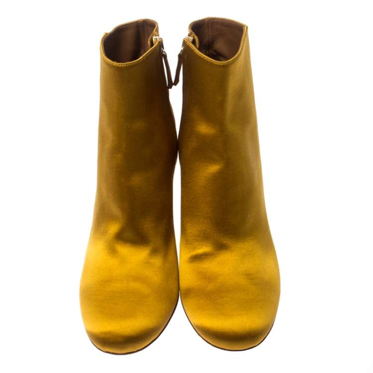 Pre Owned Aquazzura Yellow Satin Party Embellished Heel Ankle Booties Size 39.5