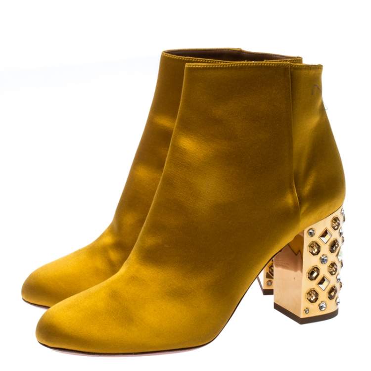 Pre Owned Aquazzura Yellow Satin Party Embellished Heel Ankle Booties Size 39.5