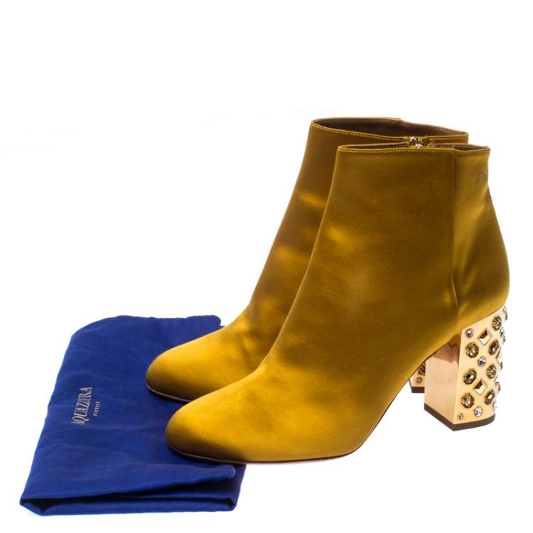 Pre Owned Aquazzura Yellow Satin Party Embellished Heel Ankle Booties Size 39.5